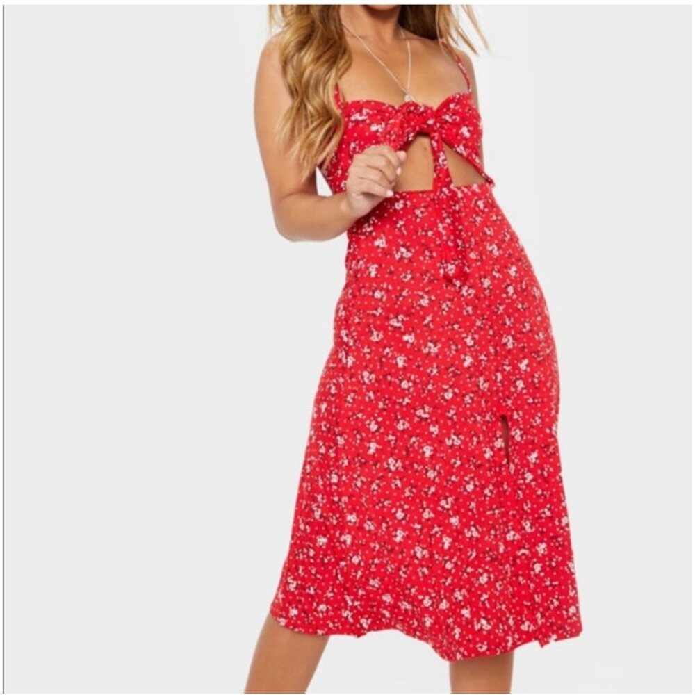 PrettyLittleThing Red Ditsy Floral Tie Front Strappy Swing Slit Dress Sz 00